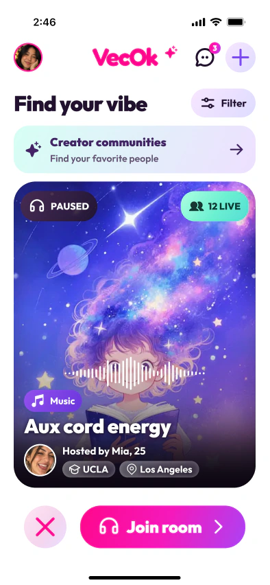 VecOk discovery screen with a music voice room